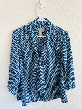 Banana Republic Blue Green Geometric Tie-Neck Blouse